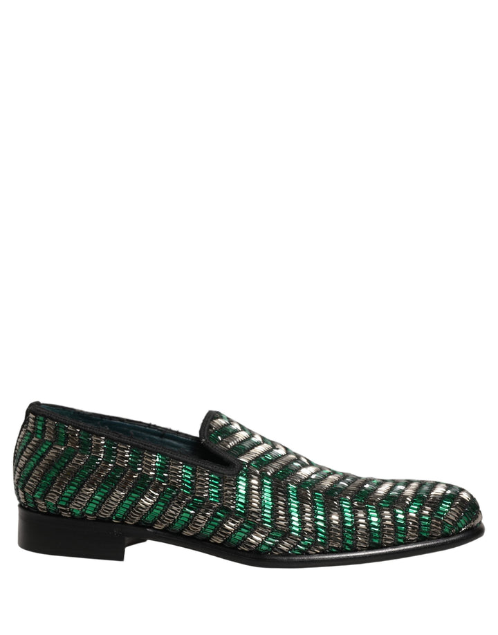 Men’s Dolce &amp; Gabbana Silver Green Embellished Dress Loafers Shoes