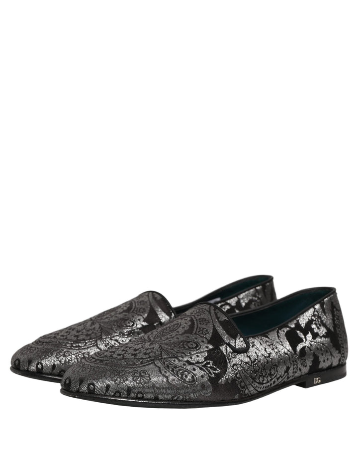 Men’s Dolce &amp; Gabbana Silver Jacquard Leather Slip on Loafers Shoes