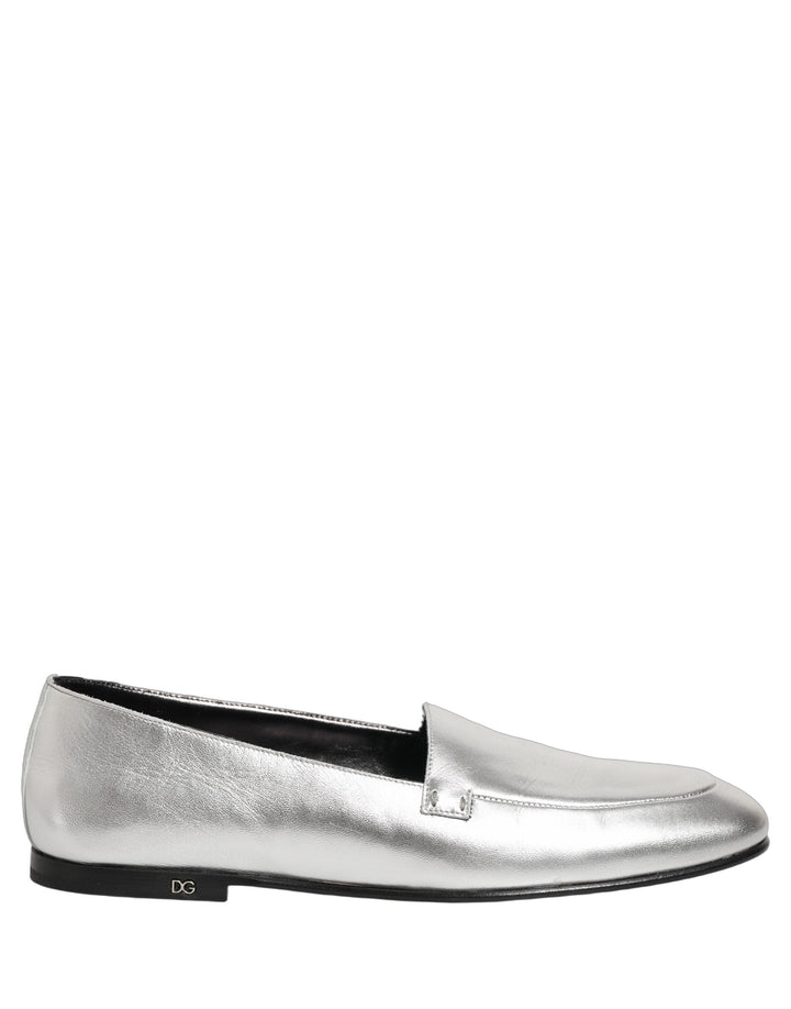 Men’s Dolce &amp; Gabbana Silver Leather Dg Logo Slip on Loafers Shoes