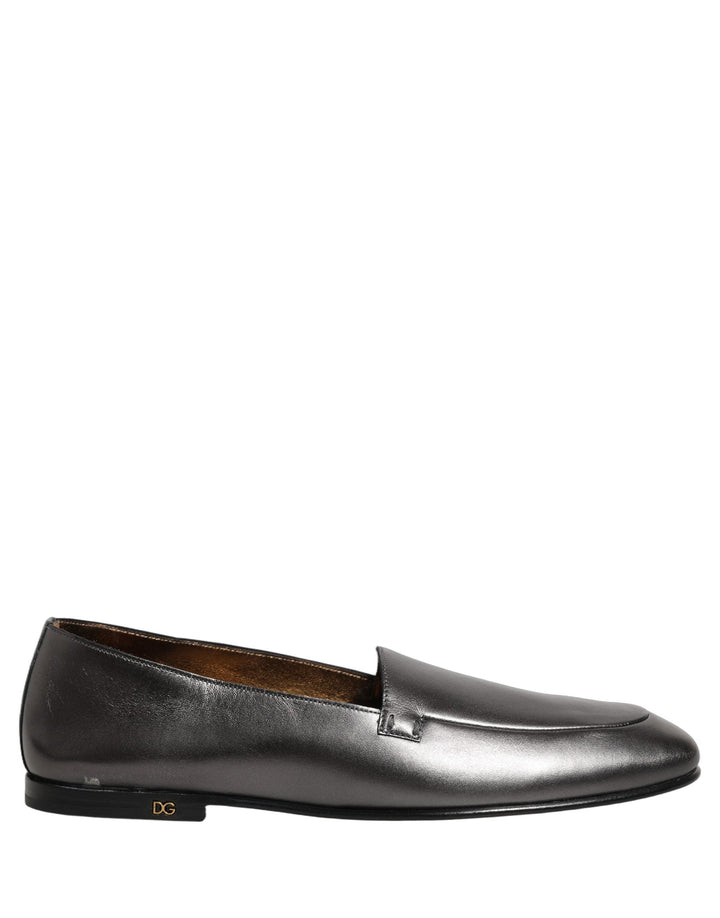 Men’s Dolce &amp; Gabbana Silver Leather Dg Logo Slip on Loafers Shoes