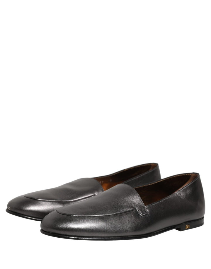 Men’s Dolce &amp; Gabbana Silver Leather Dg Logo Slip on Loafers Shoes