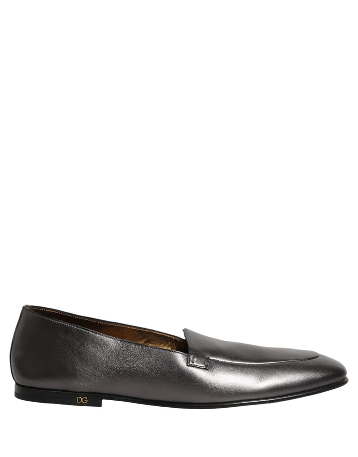 Men’s Dolce &amp; Gabbana Silver Leather Dg Logo Slip on Loafers Shoes