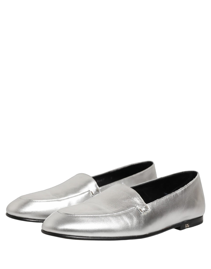 Men’s Dolce &amp; Gabbana Silver Leather Dg Logo Slip on Loafers Shoes
