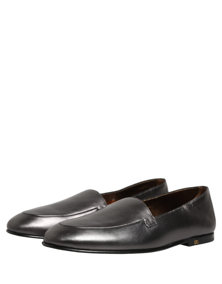 Men’s Dolce &amp; Gabbana Silver Leather Dg Logo Slip on Loafers Shoes
