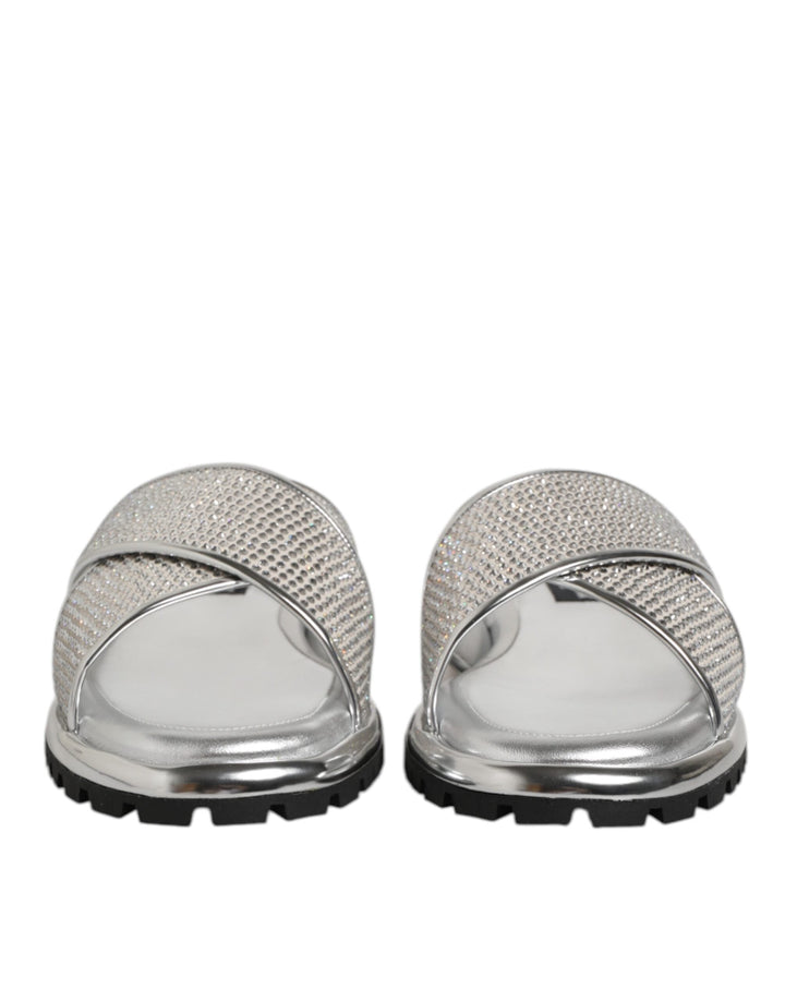 Men’s Dolce &amp; Gabbana Silver Strass Slides Flats Slippers Shoes