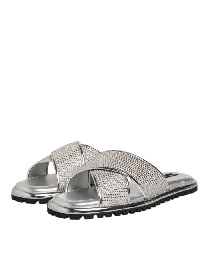 Men’s Dolce &amp; Gabbana Silver Strass Slides Flats Slippers Shoes