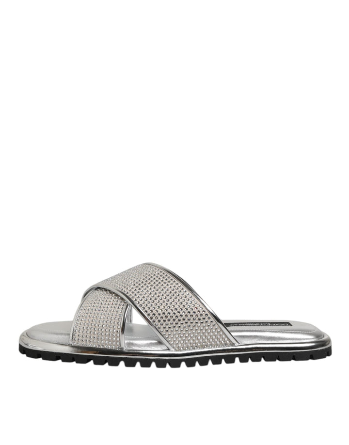 Men’s Dolce &amp; Gabbana Silver Strass Slides Flats Slippers Shoes