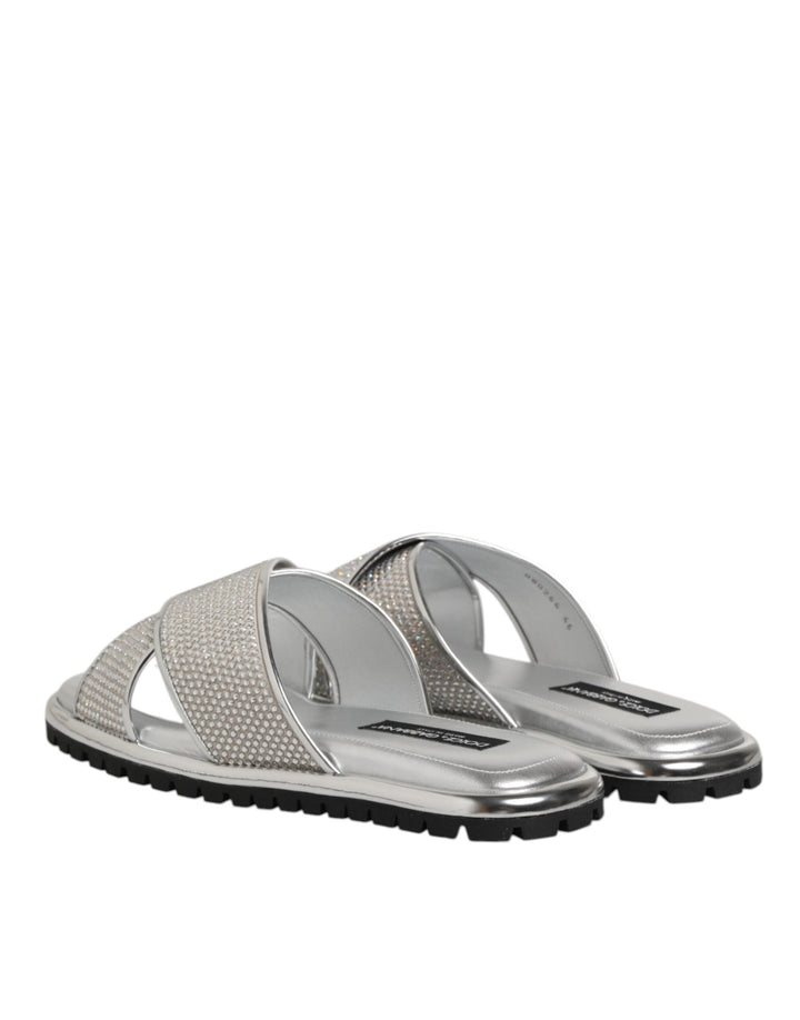 Men’s Dolce &amp; Gabbana Silver Strass Slides Flats Slippers Shoes