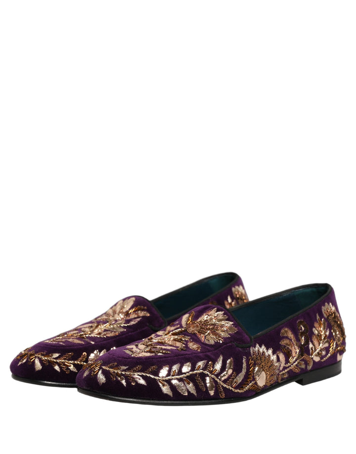 Men’s Dolce &amp; Gabbana Violet Velvet Floral Embroidery Loafers Shoes