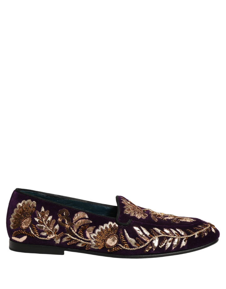 Men’s Dolce &amp; Gabbana Violet Velvet Floral Embroidery Loafers Shoes