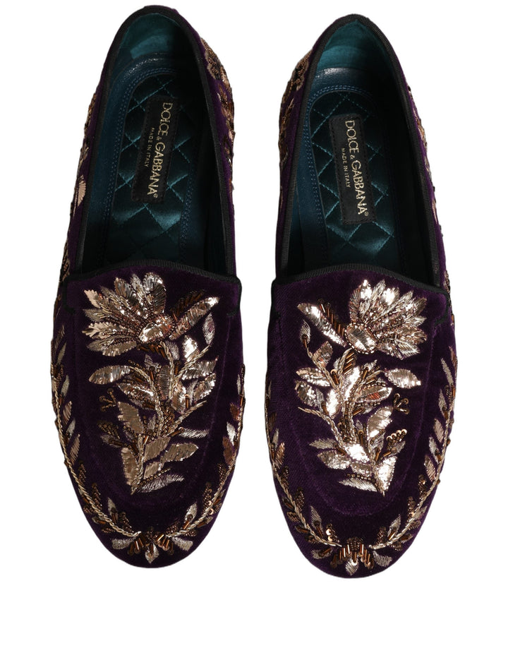Men’s Dolce &amp; Gabbana Violet Velvet Floral Embroidery Loafers Shoes