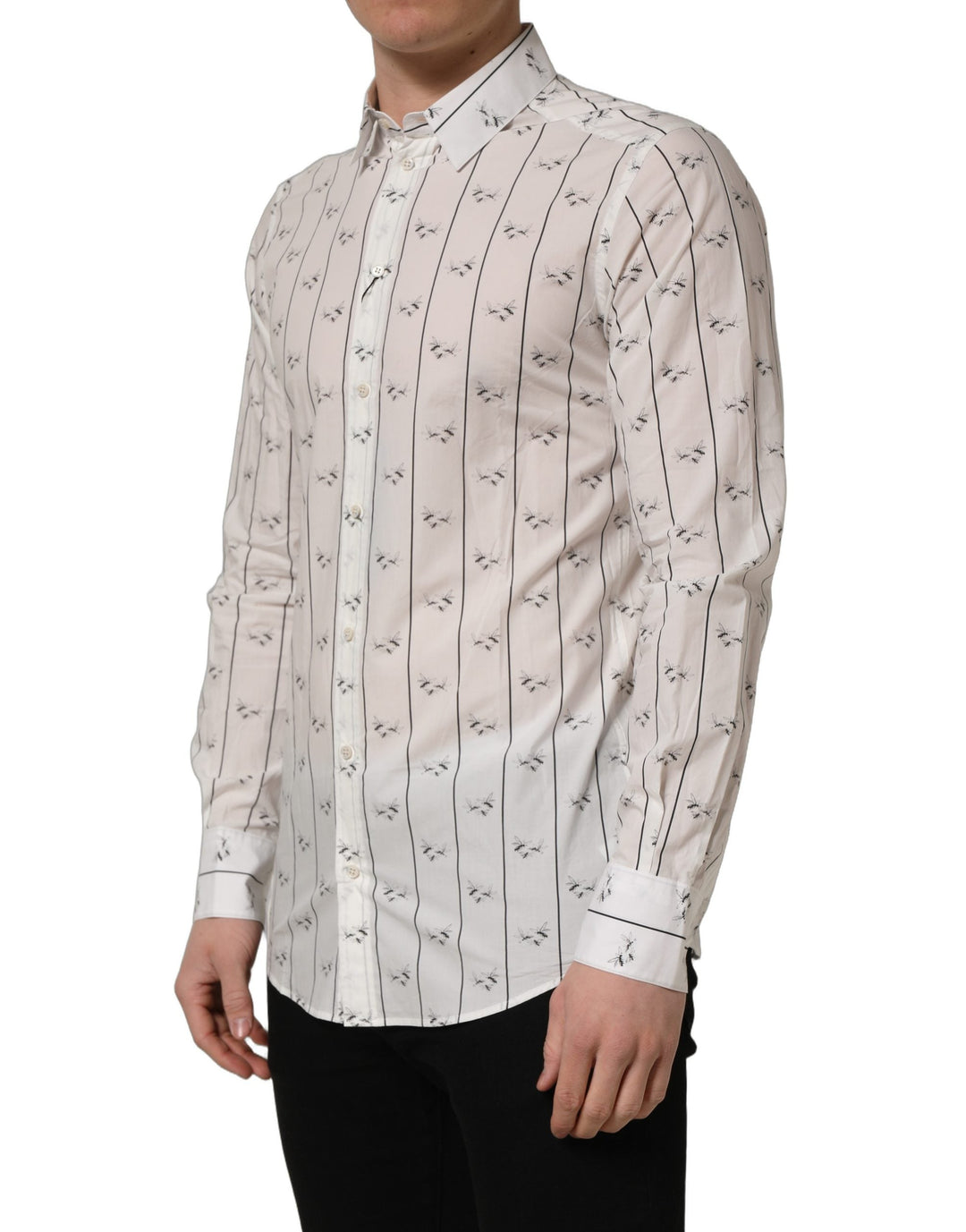 Dolce &amp; Gabbana White Bee Print Cotton Gold Fit Dress Shirt