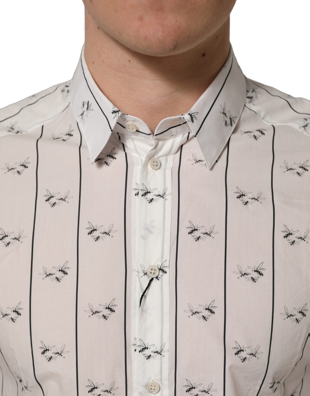 Dolce &amp; Gabbana White Bee Print Cotton Gold Fit Dress Shirt