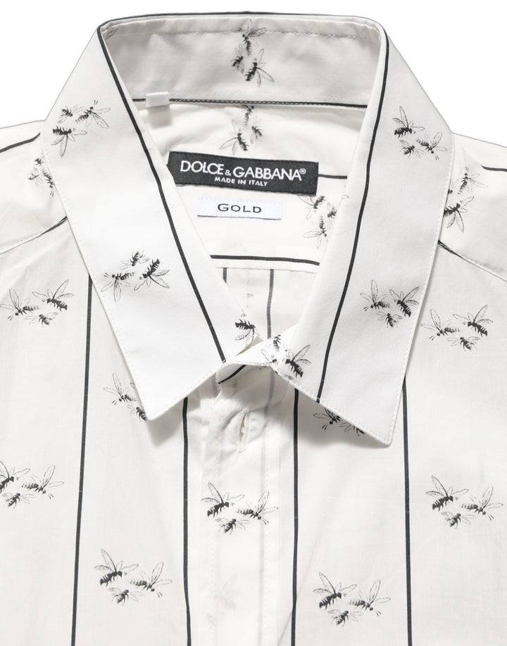 Men’s Dolce &amp; Gabbana White Bee Print Cotton Gold Fit Dress Shirt