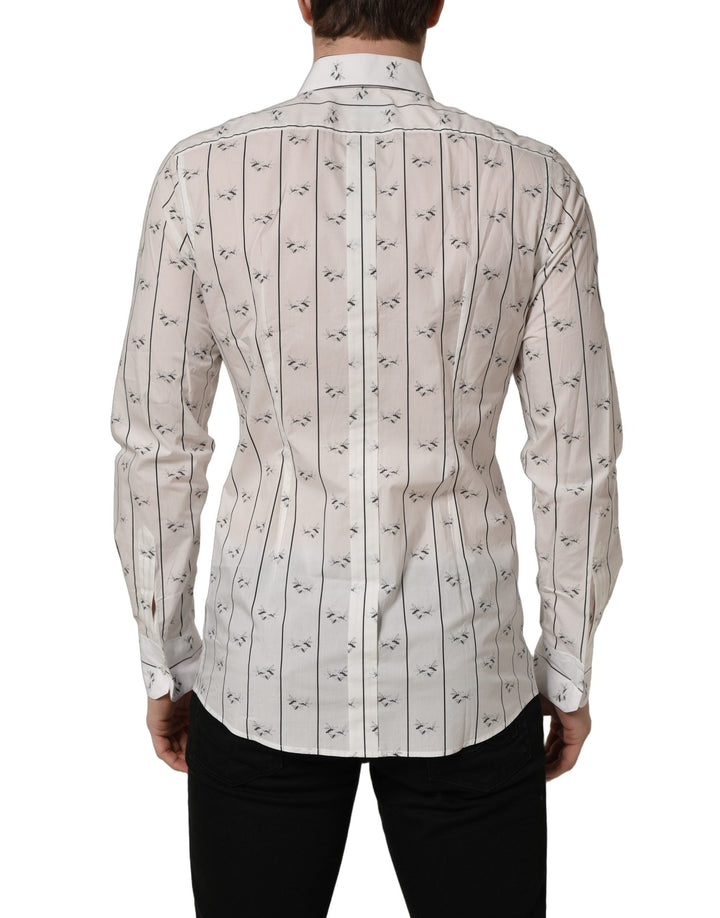 Dolce &amp; Gabbana White Bee Print Cotton Gold Fit Dress Shirt
