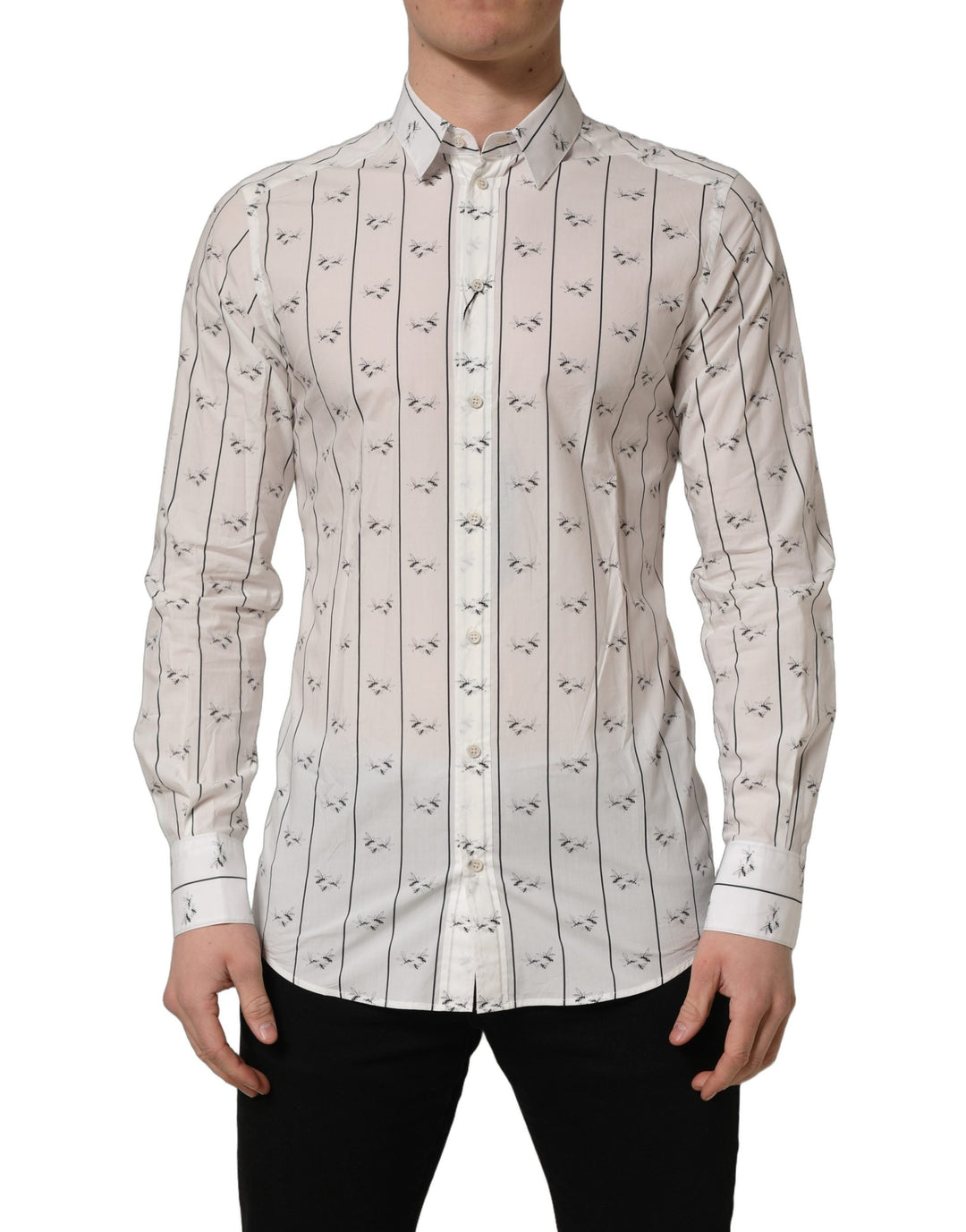 Dolce &amp; Gabbana White Bee Print Cotton Gold Fit Dress Shirt