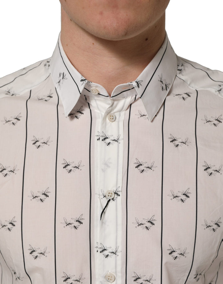 Men’s Dolce &amp; Gabbana White Bee Print Cotton Gold Fit Dress Shirt