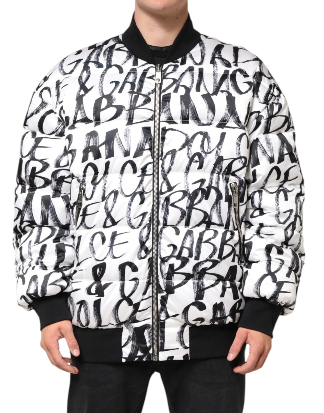 Men’s Dolce & Gabbana White Black Graffiti Logo Puffer Bomber Jacket