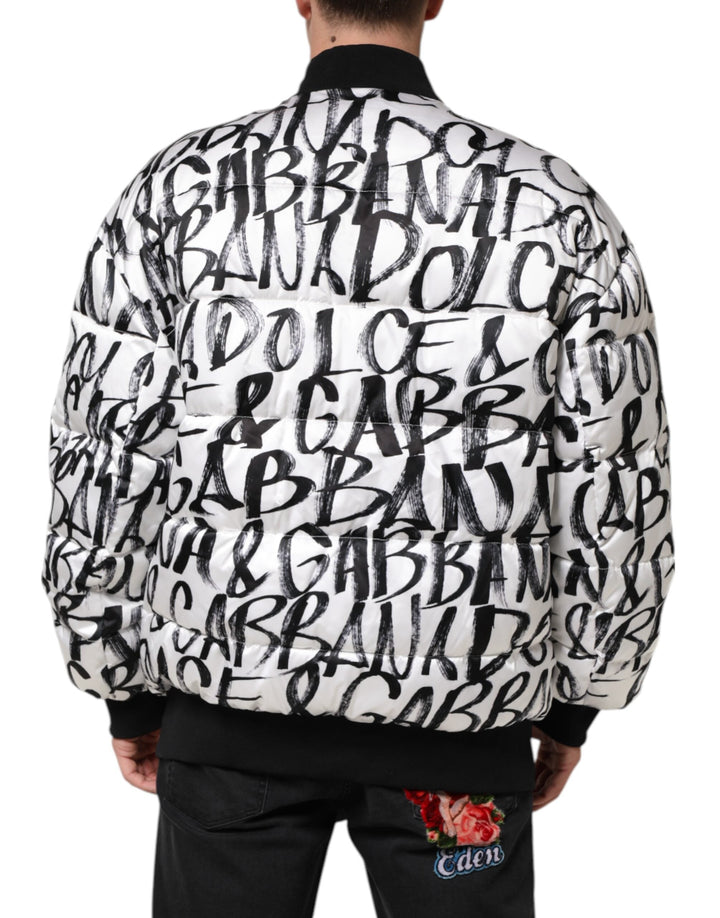 Men’s Dolce &amp; Gabbana White Black Graffiti Logo Puffer Bomber Jacket