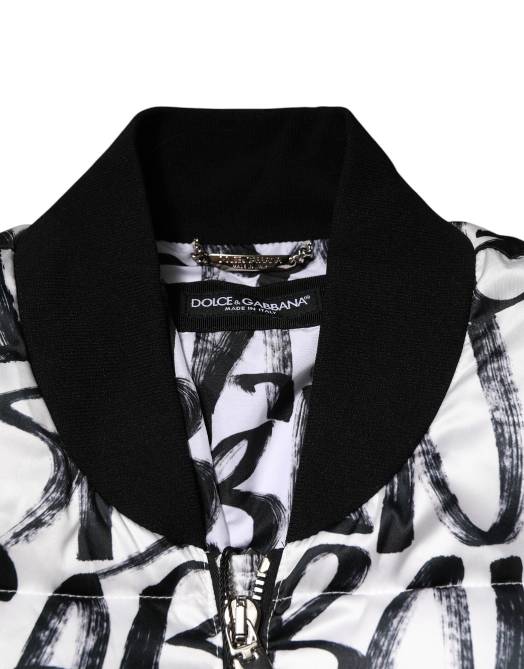 Men’s Dolce &amp; Gabbana White Black Graffiti Logo Puffer Bomber Jacket