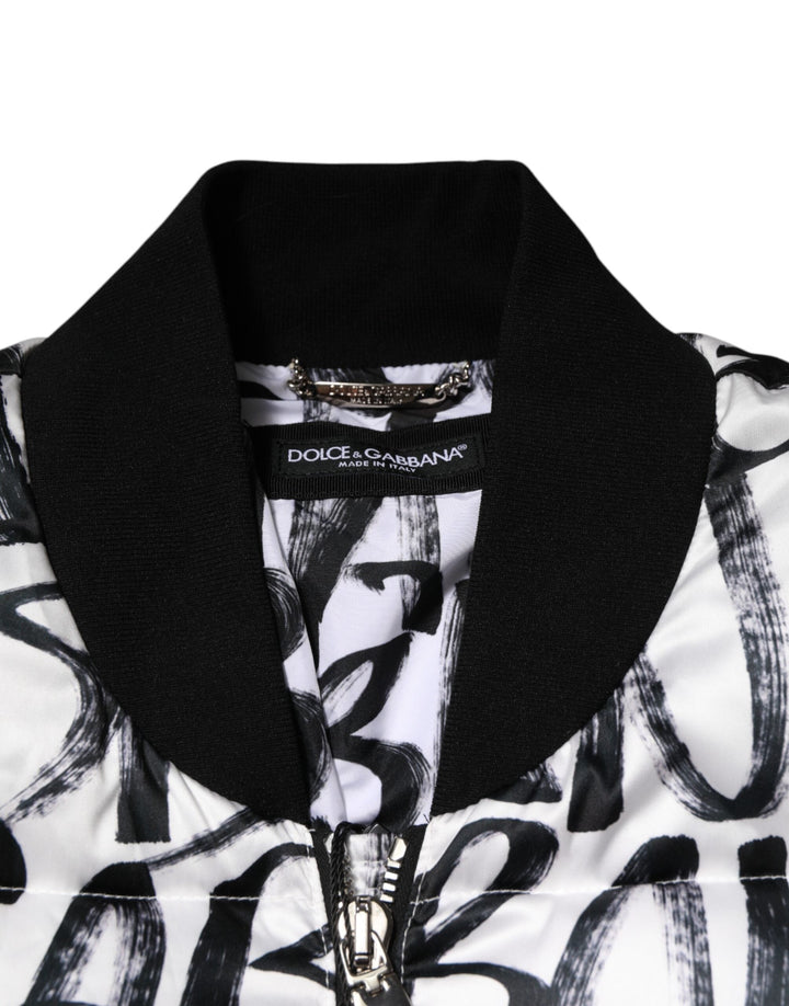 Men’s Dolce &amp; Gabbana White Black Graffiti Logo Puffer Bomber Jacket