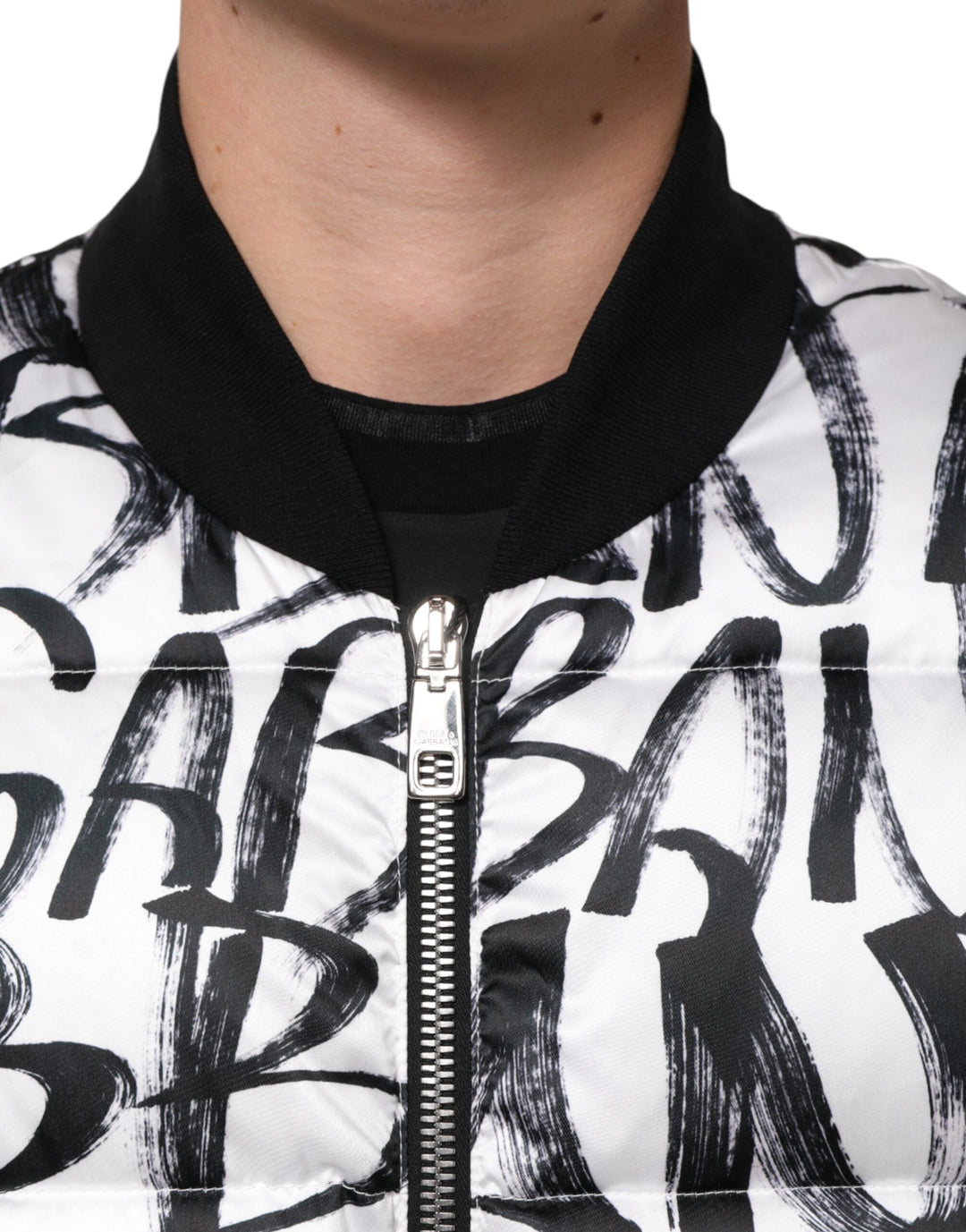 Men’s Dolce &amp; Gabbana White Black Graffiti Logo Puffer Bomber Jacket