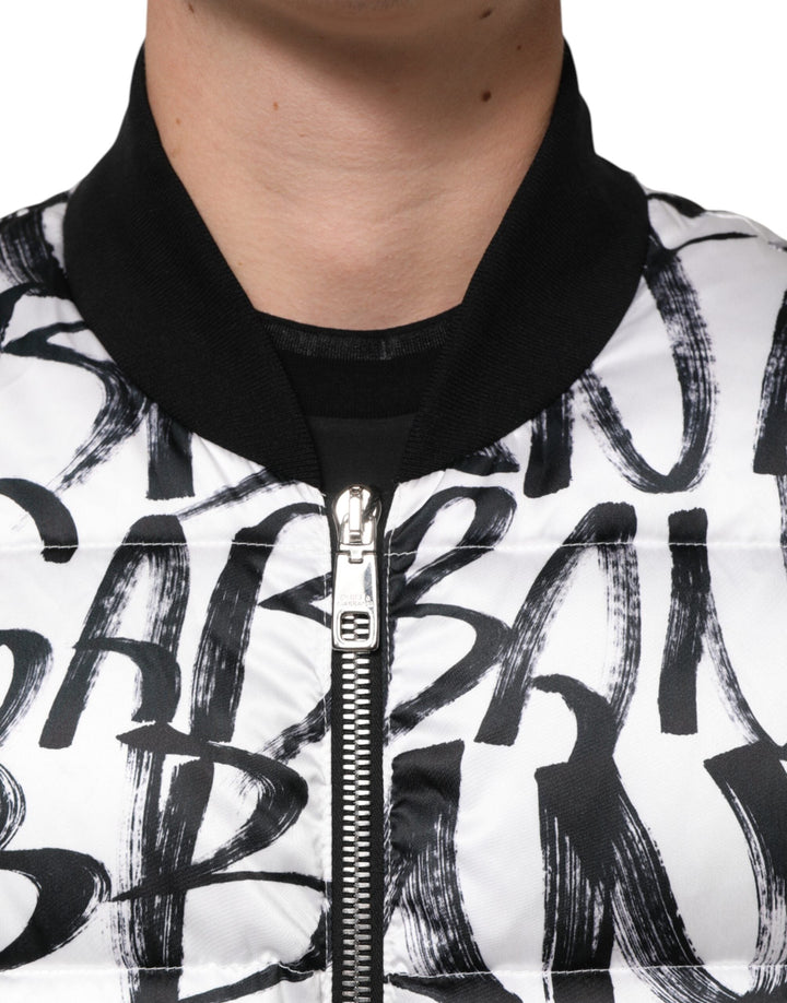 Men’s Dolce &amp; Gabbana White Black Graffiti Logo Puffer Bomber Jacket