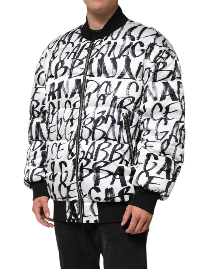 Men’s Dolce &amp; Gabbana White Black Graffiti Logo Puffer Bomber Jacket