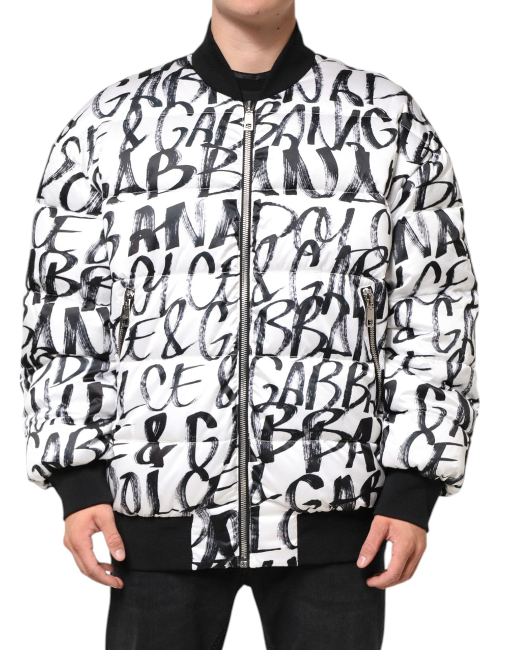 Men’s Dolce & Gabbana White Black Graffiti Logo Puffer Bomber Jacket