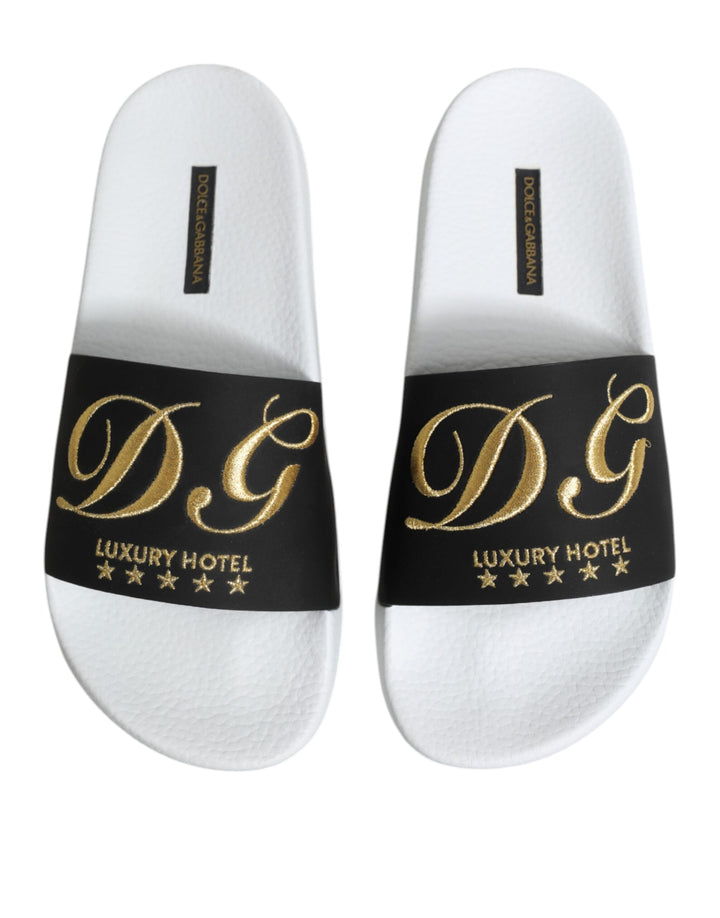 Men’s Dolce &amp; Gabbana White Black Leather Sandals Beachwear Shoes