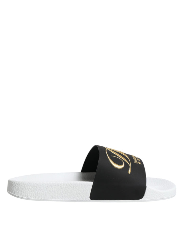 Men’s Dolce &amp; Gabbana White Black Leather Sandals Beachwear Shoes