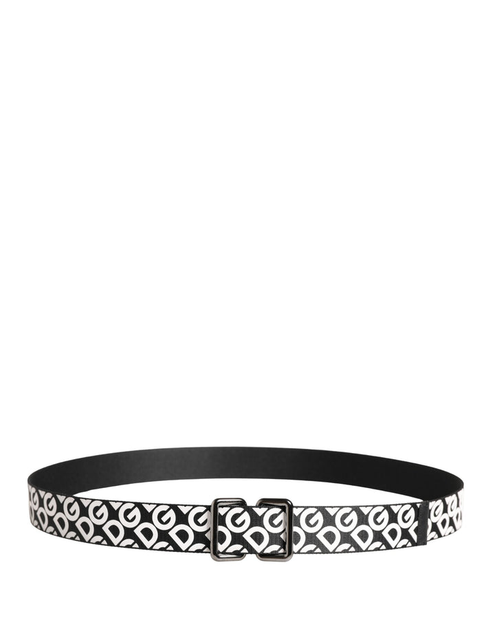 Dolce &amp; Gabbana White Black Logo Leather Metal Buckle Belt