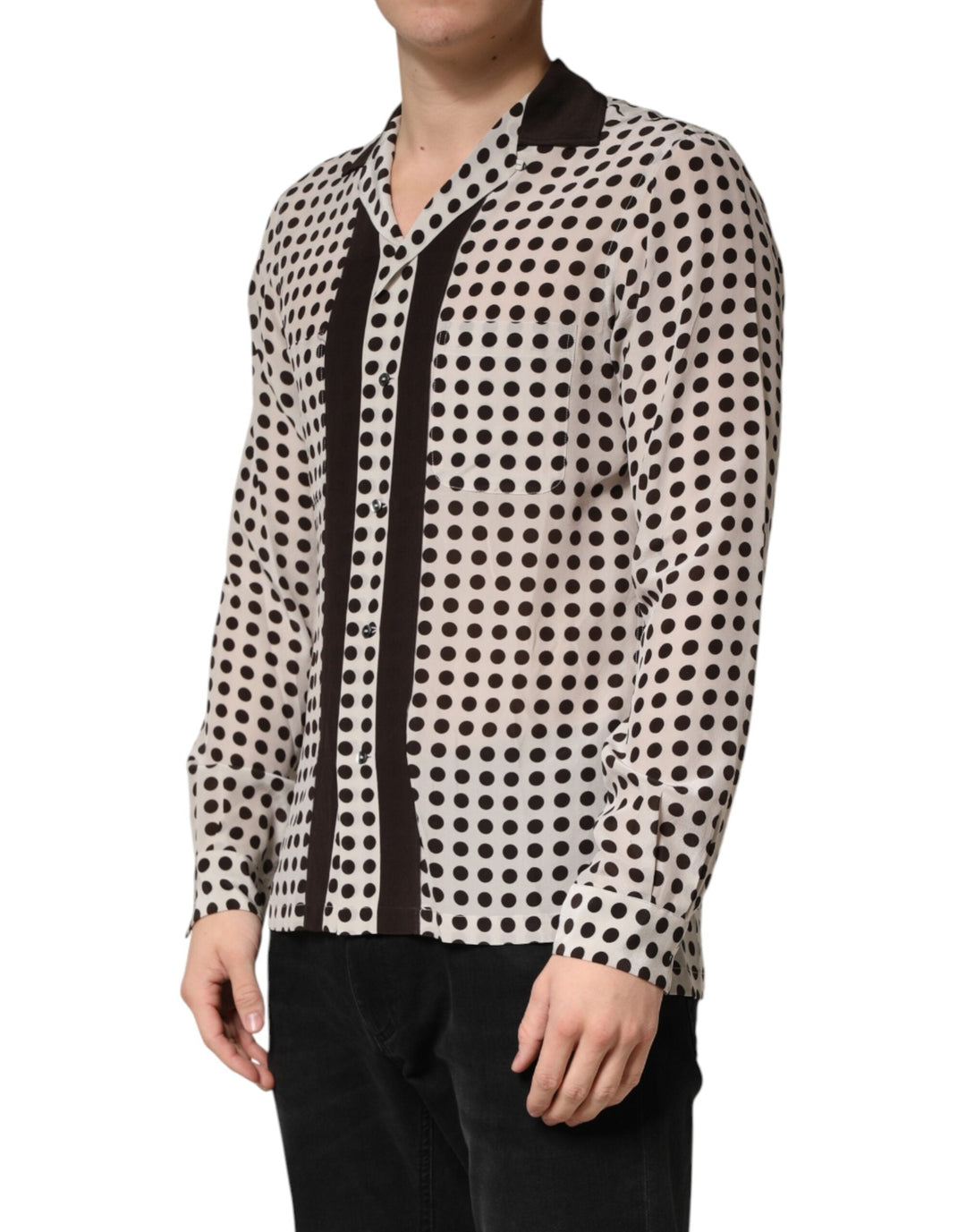 Men’s Dolce &amp; Gabbana White Black Polka Dot Silk Men Casual Shirt