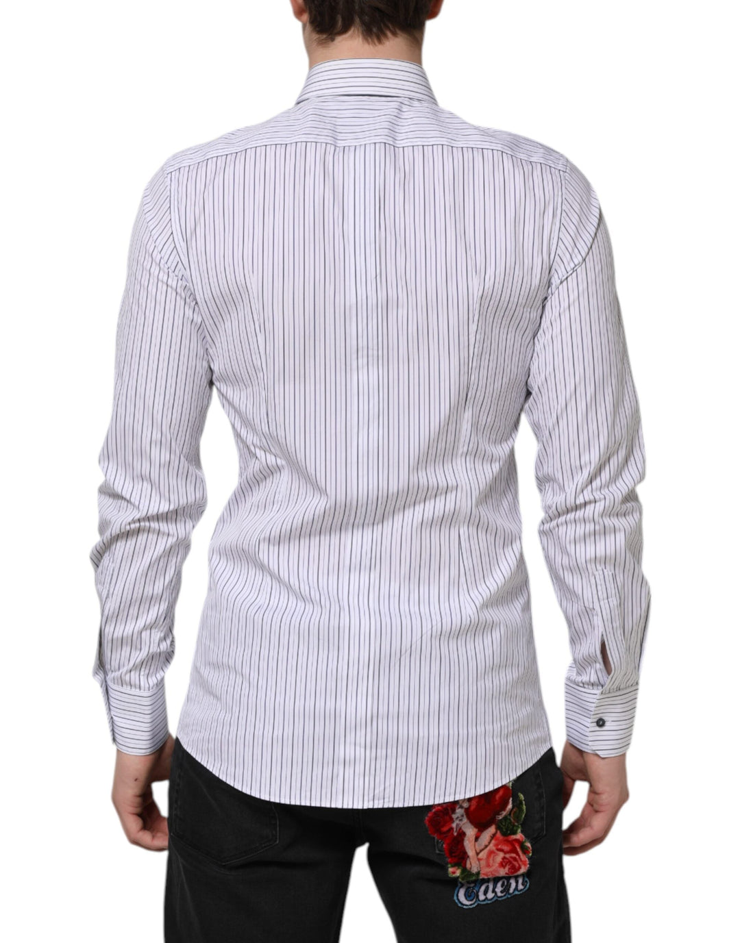 Dolce &amp; Gabbana White Blue Striped Cotton Gold Formal Shirt