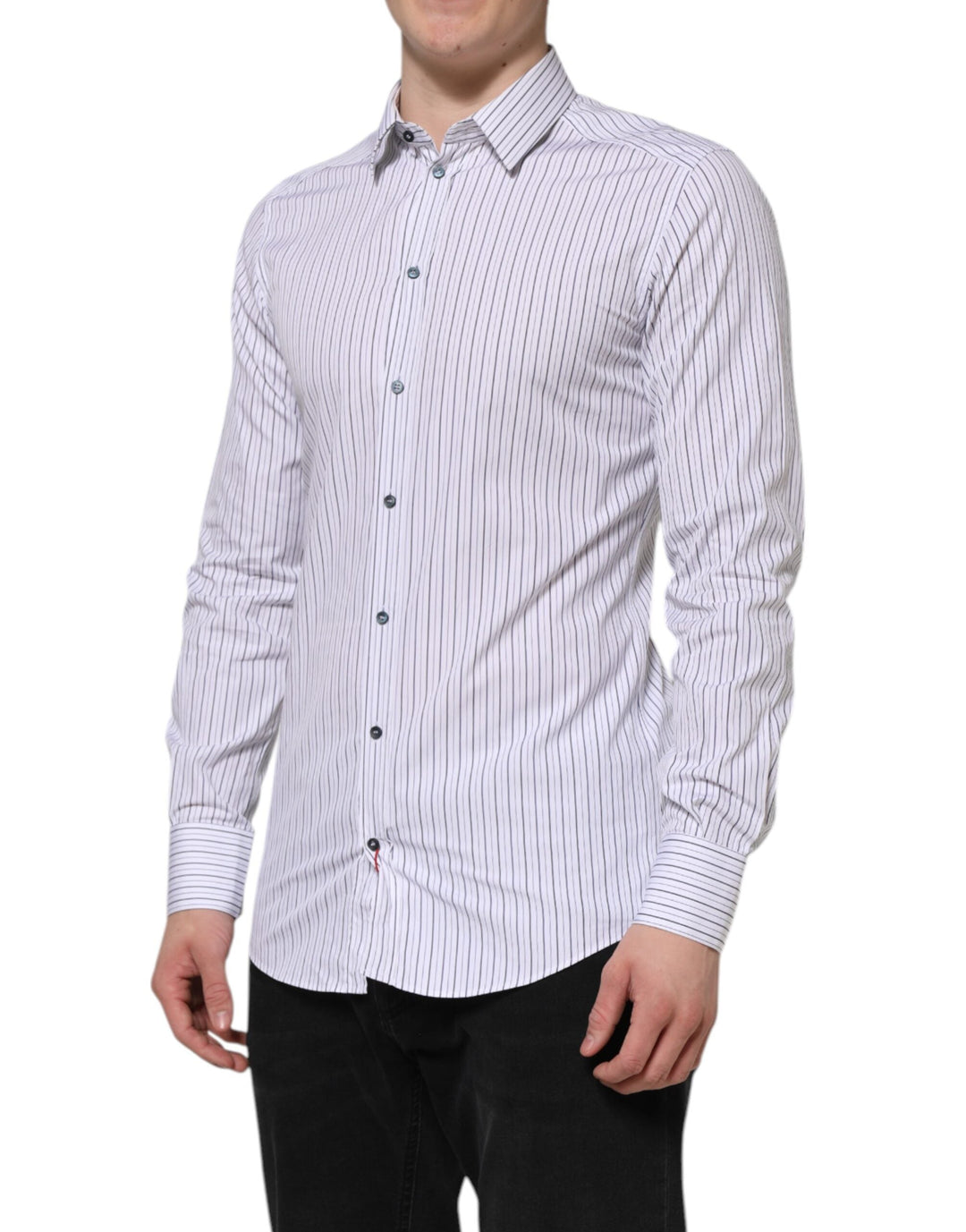 Dolce &amp; Gabbana White Blue Striped Cotton Gold Formal Shirt