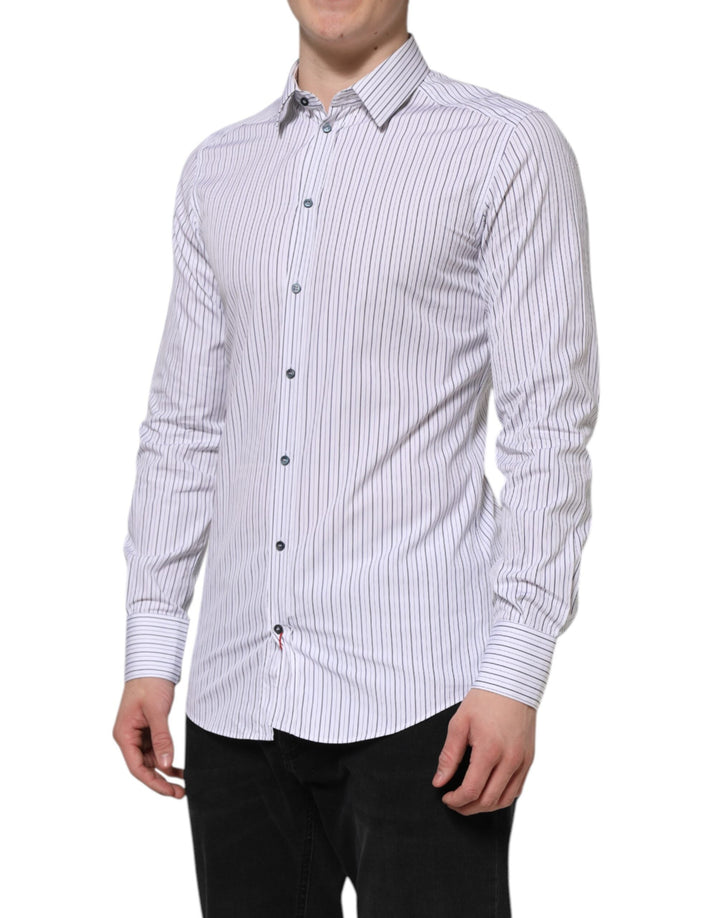Dolce &amp; Gabbana White Blue Striped Cotton Gold Formal Shirt