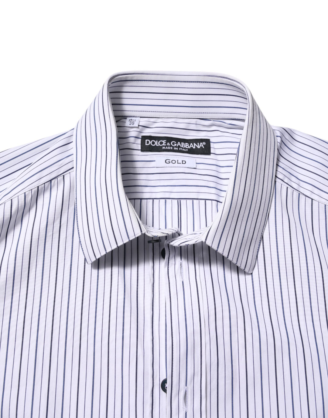 Dolce &amp; Gabbana White Blue Striped Cotton Gold Formal Shirt