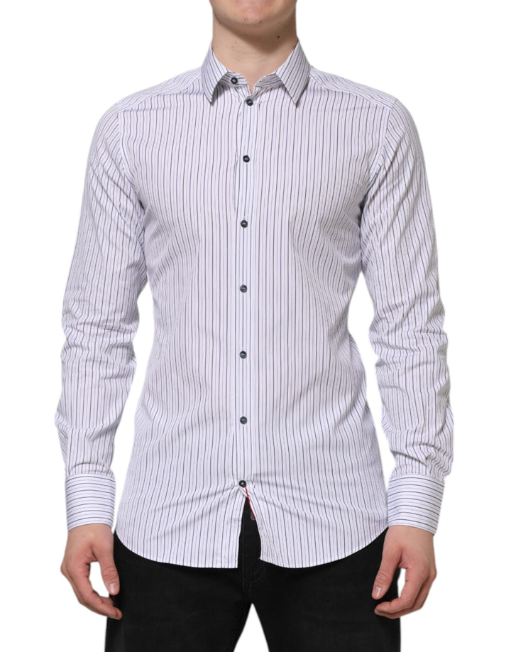Dolce &amp; Gabbana White Blue Striped Cotton Gold Formal Shirt