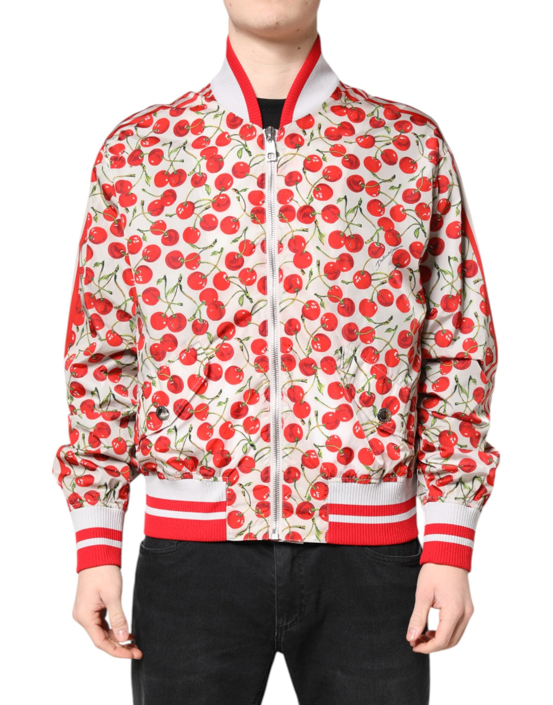 Men’s Dolce & Gabbana White Cherry Print Full Zip Bomber Jacket