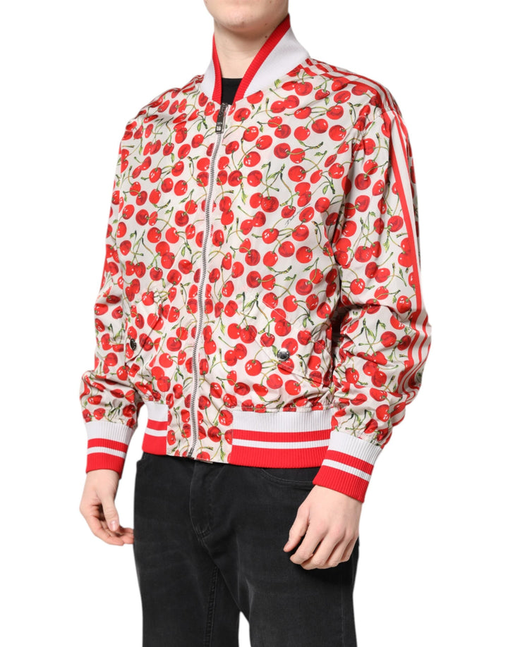 Men’s Dolce &amp; Gabbana White Cherry Print Full Zip Bomber Jacket