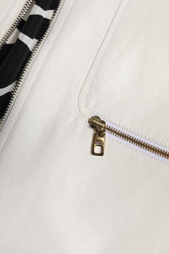 Men’s Dolce &amp; Gabbana White Collared Full Zip Biker Coat Jacket