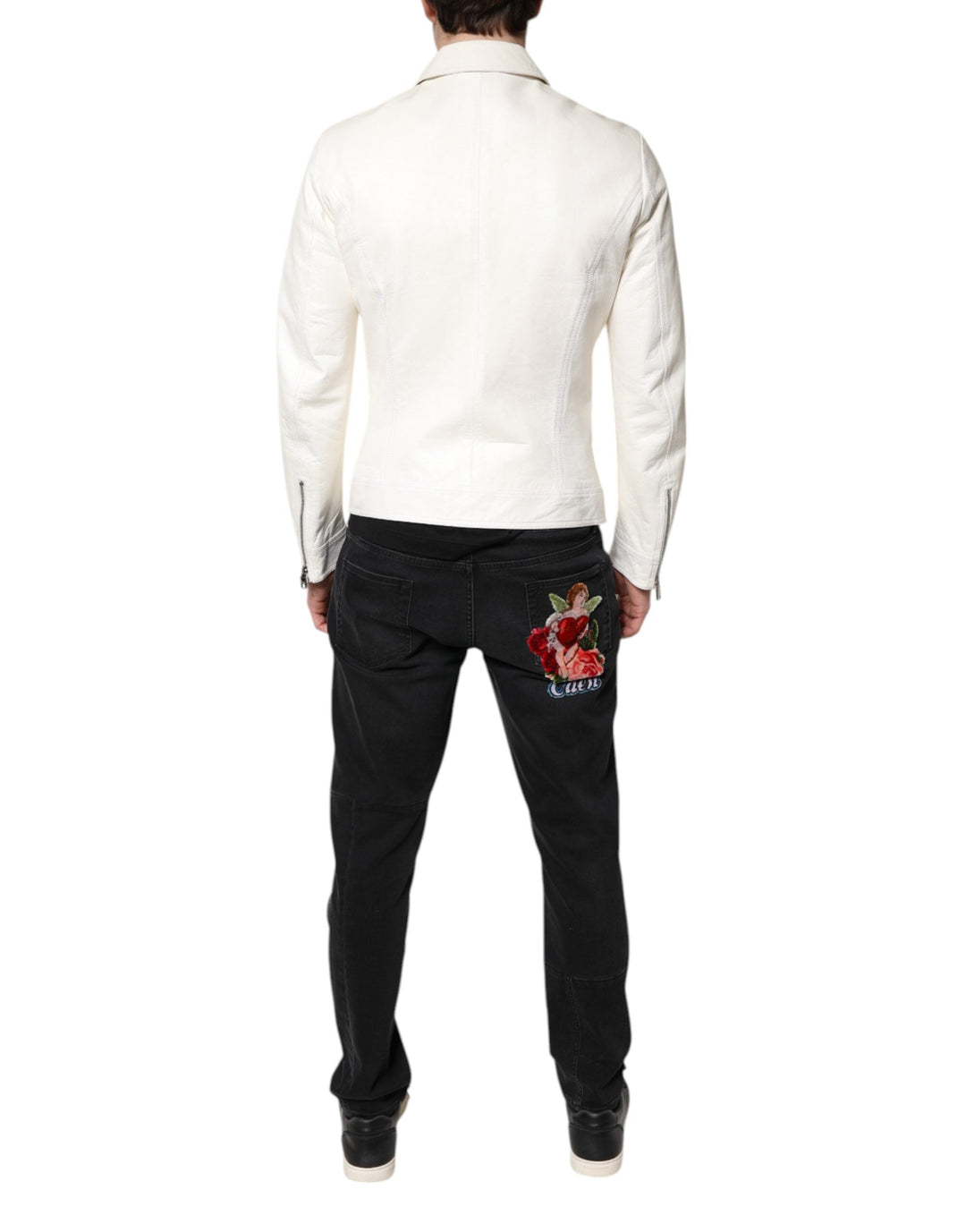 Men’s Dolce &amp; Gabbana White Collared Full Zip Biker Coat Jacket