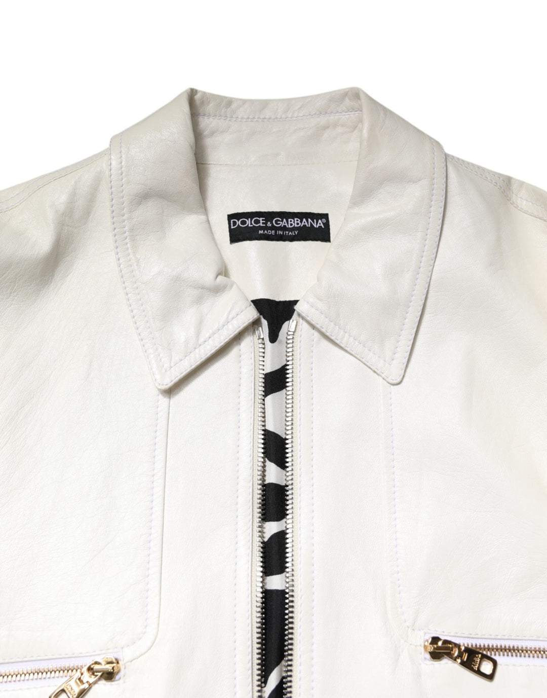 Men’s Dolce &amp; Gabbana White Collared Full Zip Biker Coat Jacket