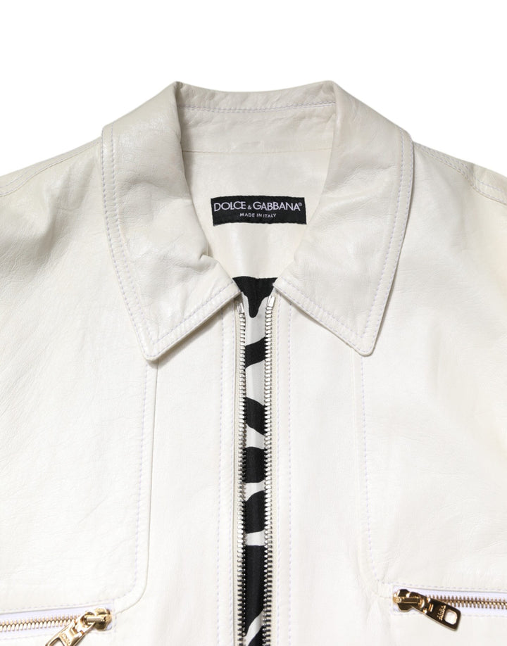 Men’s Dolce &amp; Gabbana White Collared Full Zip Biker Coat Jacket