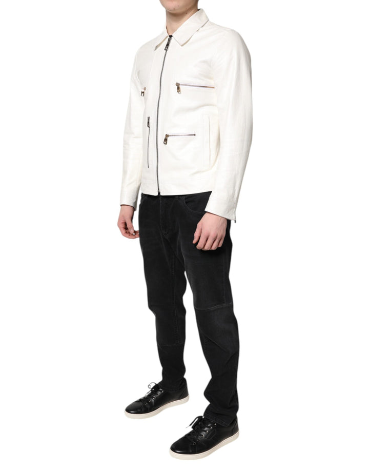 Men’s Dolce &amp; Gabbana White Collared Full Zip Biker Coat Jacket