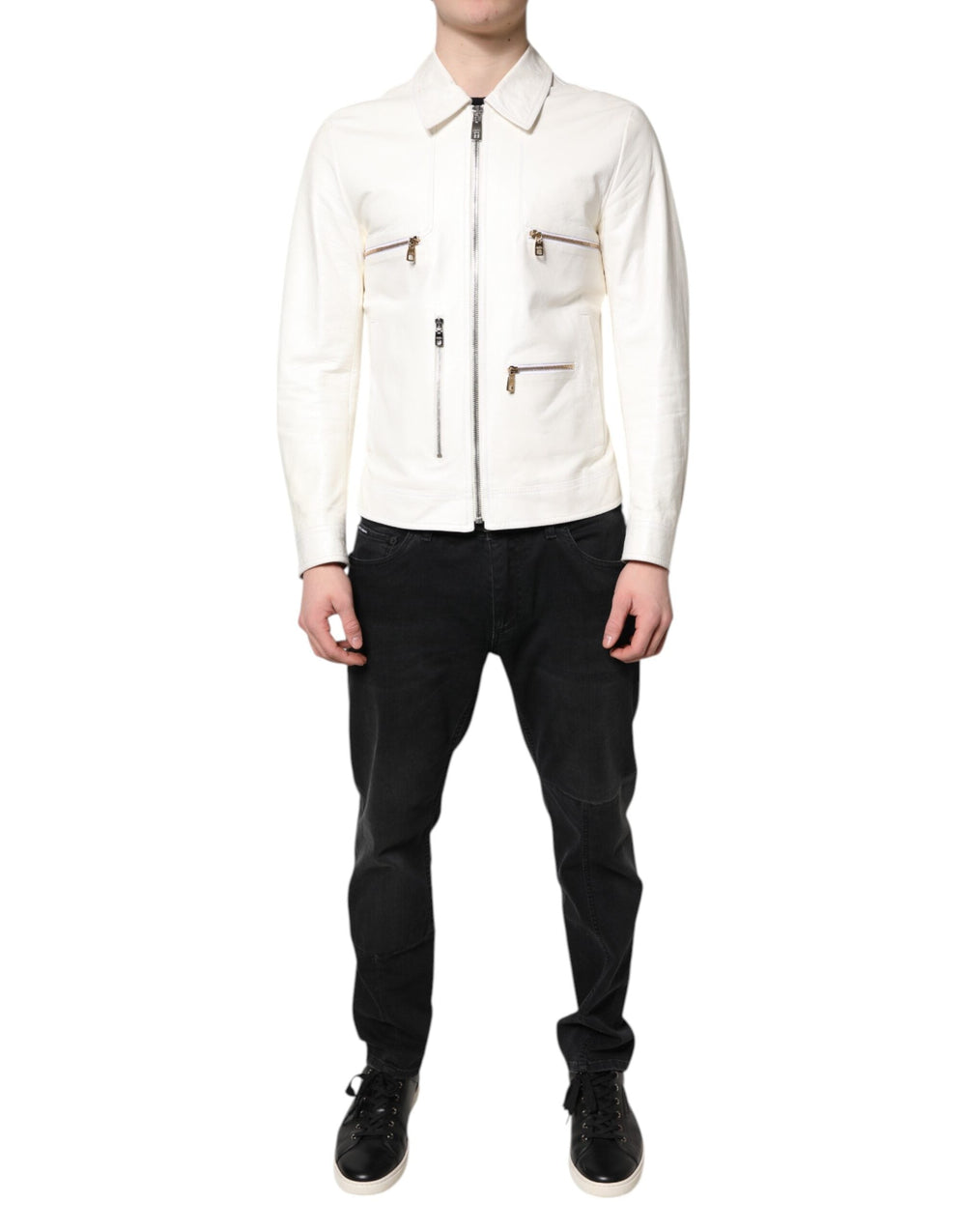 Men’s Dolce & Gabbana White Collared Full Zip Biker Coat Jacket