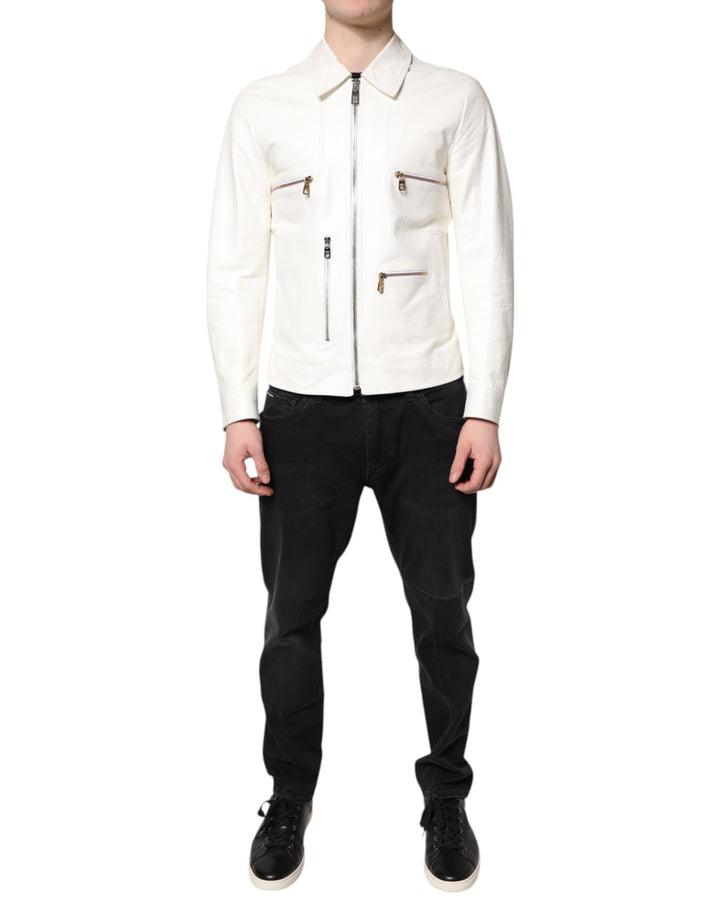 Men’s Dolce &amp; Gabbana White Collared Full Zip Biker Coat Jacket