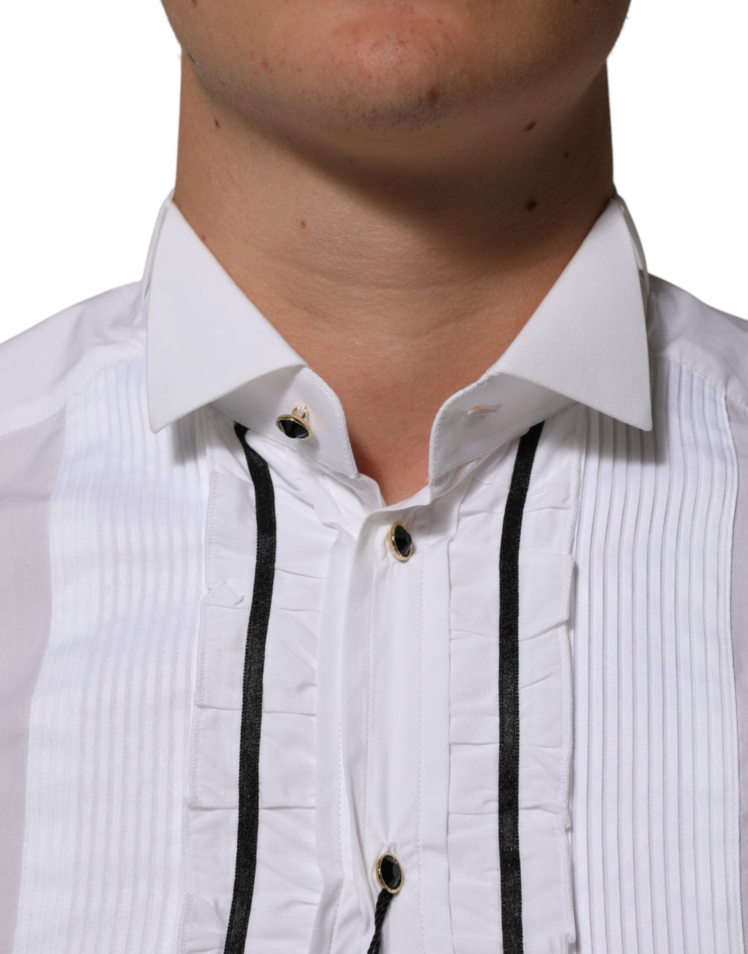 Dolce &amp; Gabbana White Cotton Collared Long Sleeve Gold Dress Shirt