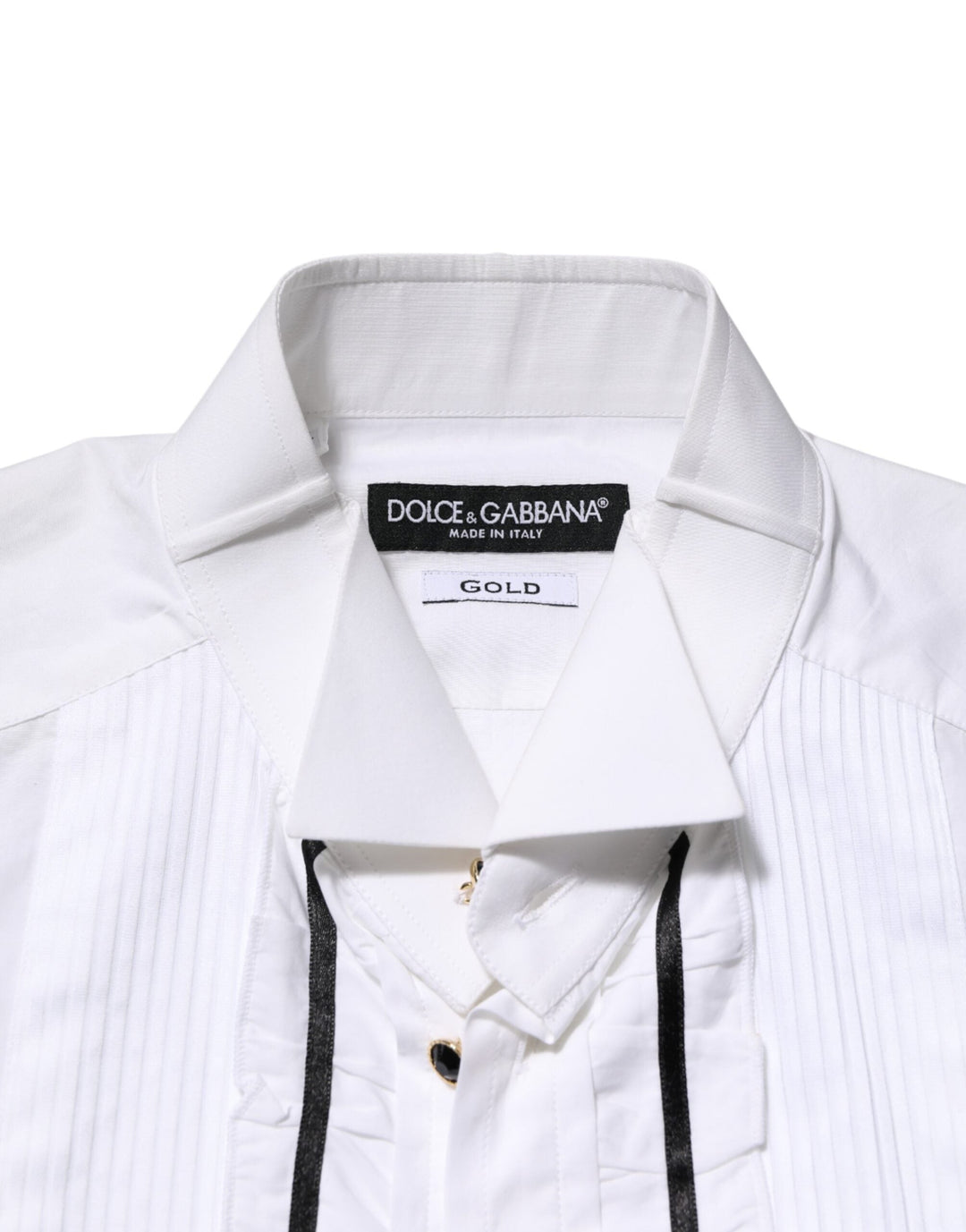 Dolce &amp; Gabbana White Cotton Collared Long Sleeve Gold Dress Shirt