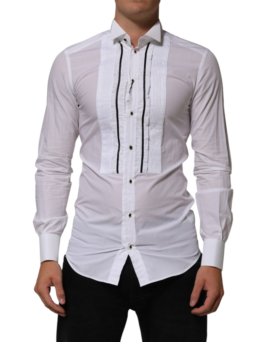 Dolce &amp; Gabbana White Cotton Collared Long Sleeve Gold Dress Shirt